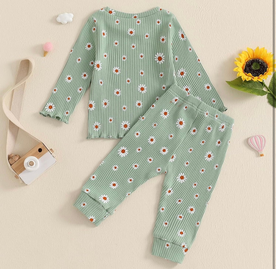 Girl Mint Green Ribbed Daisy 2 Piece Set