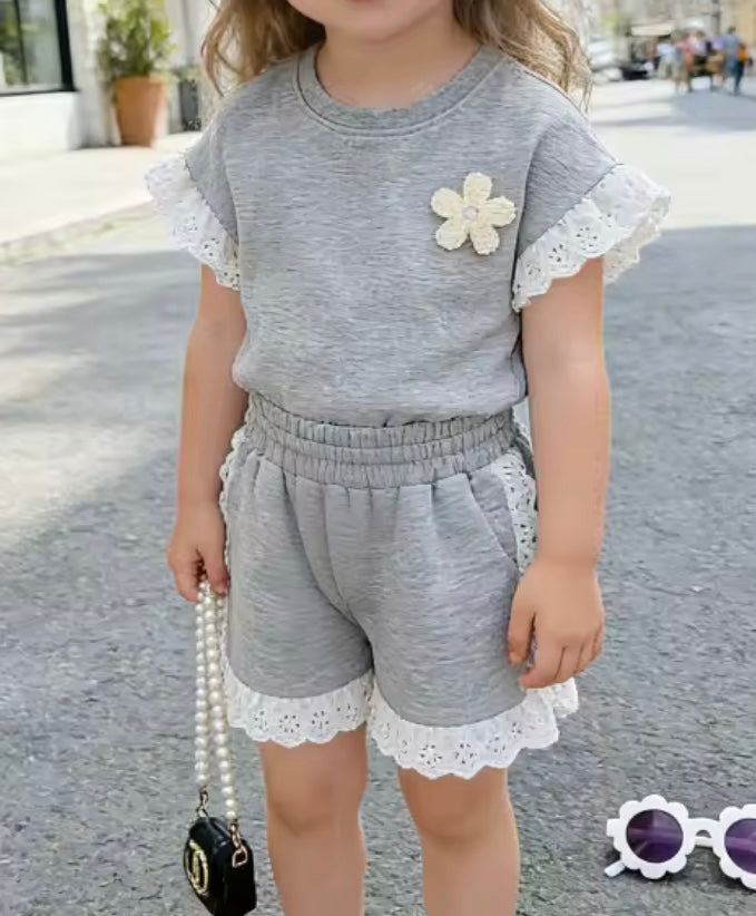 Girl 2 Piece Grey Lace Detail Short Set