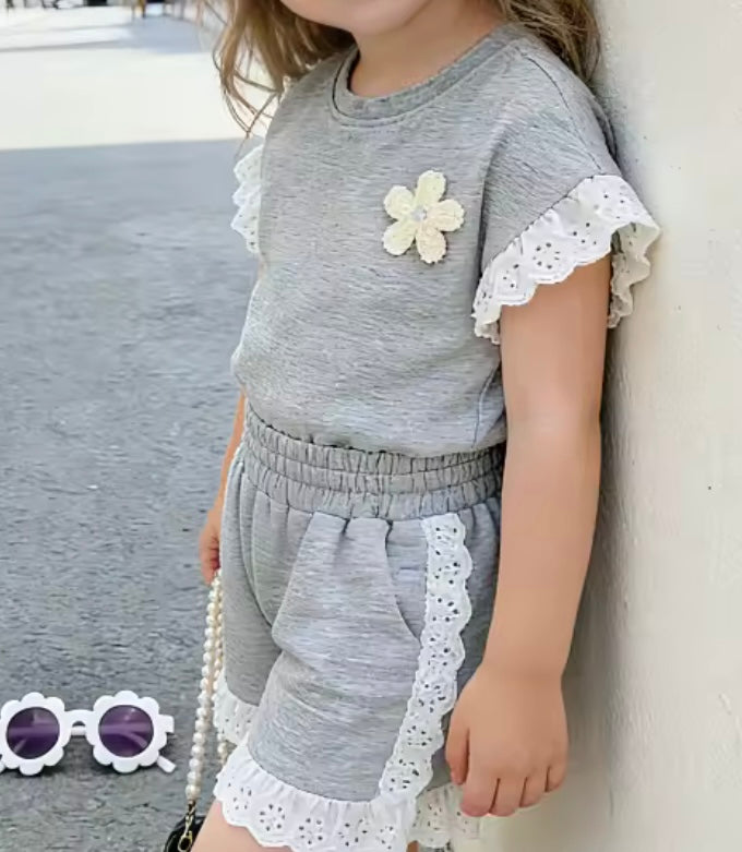 Girl 2 Piece Grey Lace Detail Short Set