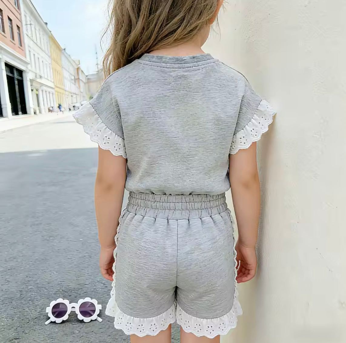Girl 2 Piece Grey Lace Detail Short Set