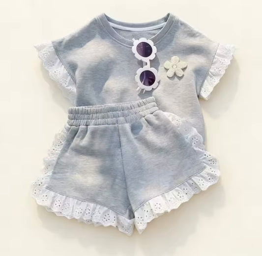 Girl 2 Piece Grey Lace Detail Short Set