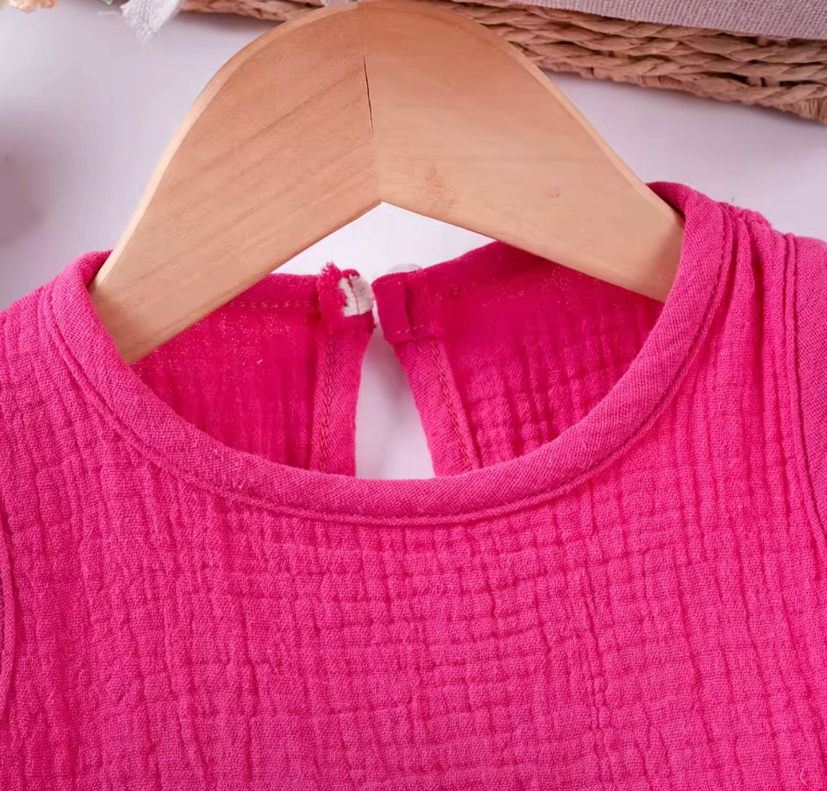 Girl Hot Pink Sleeveless Ruffle Gauze Short Set