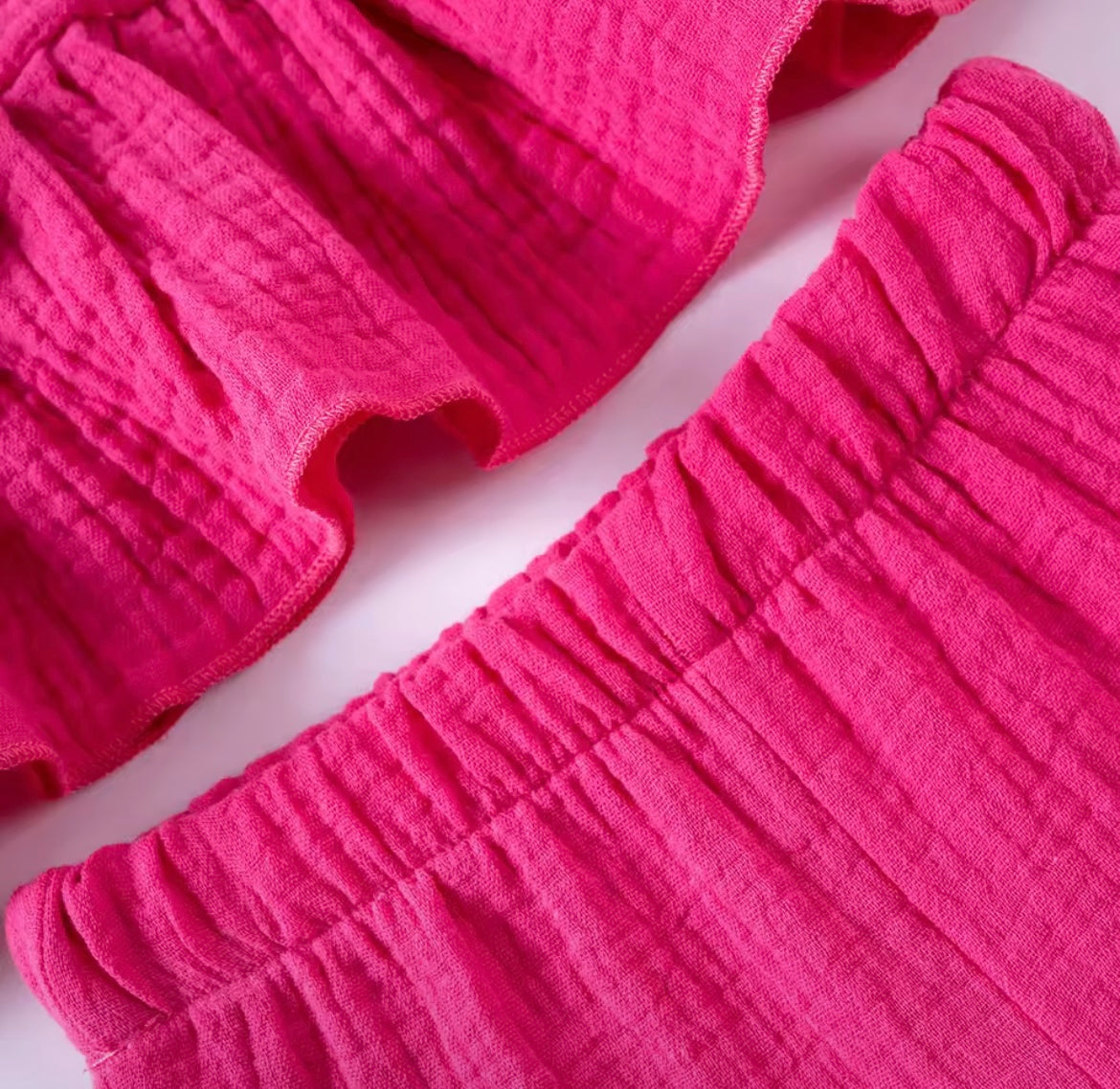 Girl Hot Pink Sleeveless Ruffle Gauze Short Set