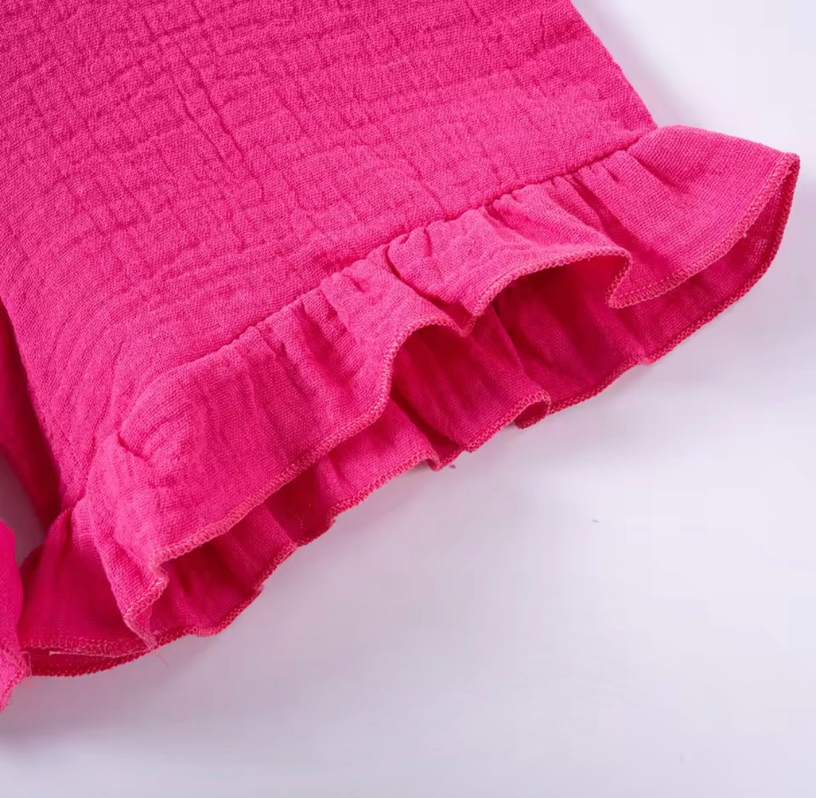 Girl Hot Pink Sleeveless Ruffle Gauze Short Set