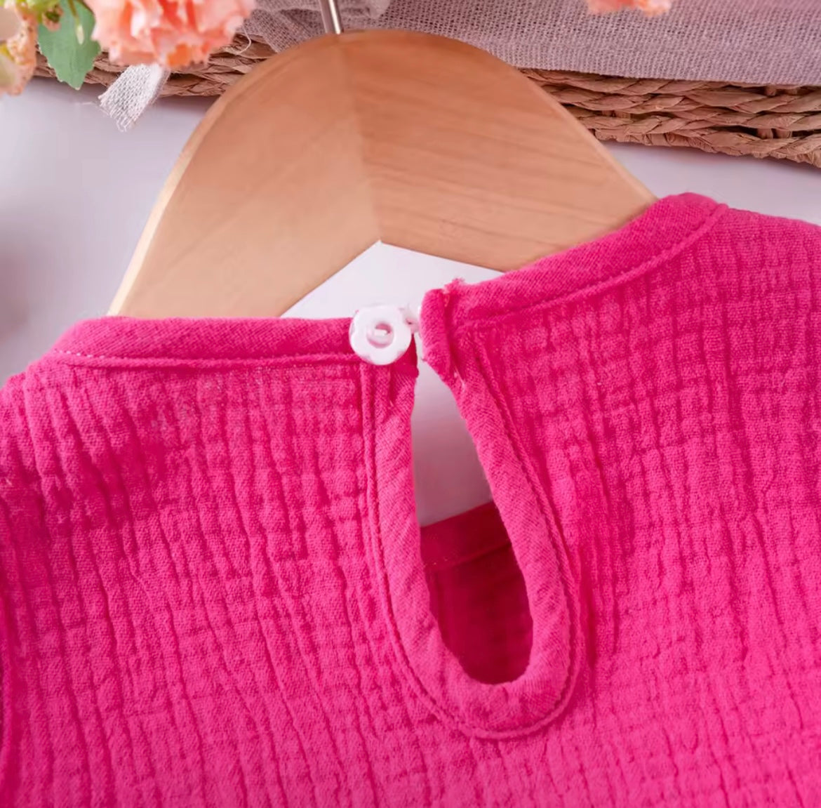 Girl Hot Pink Sleeveless Ruffle Gauze Short Set