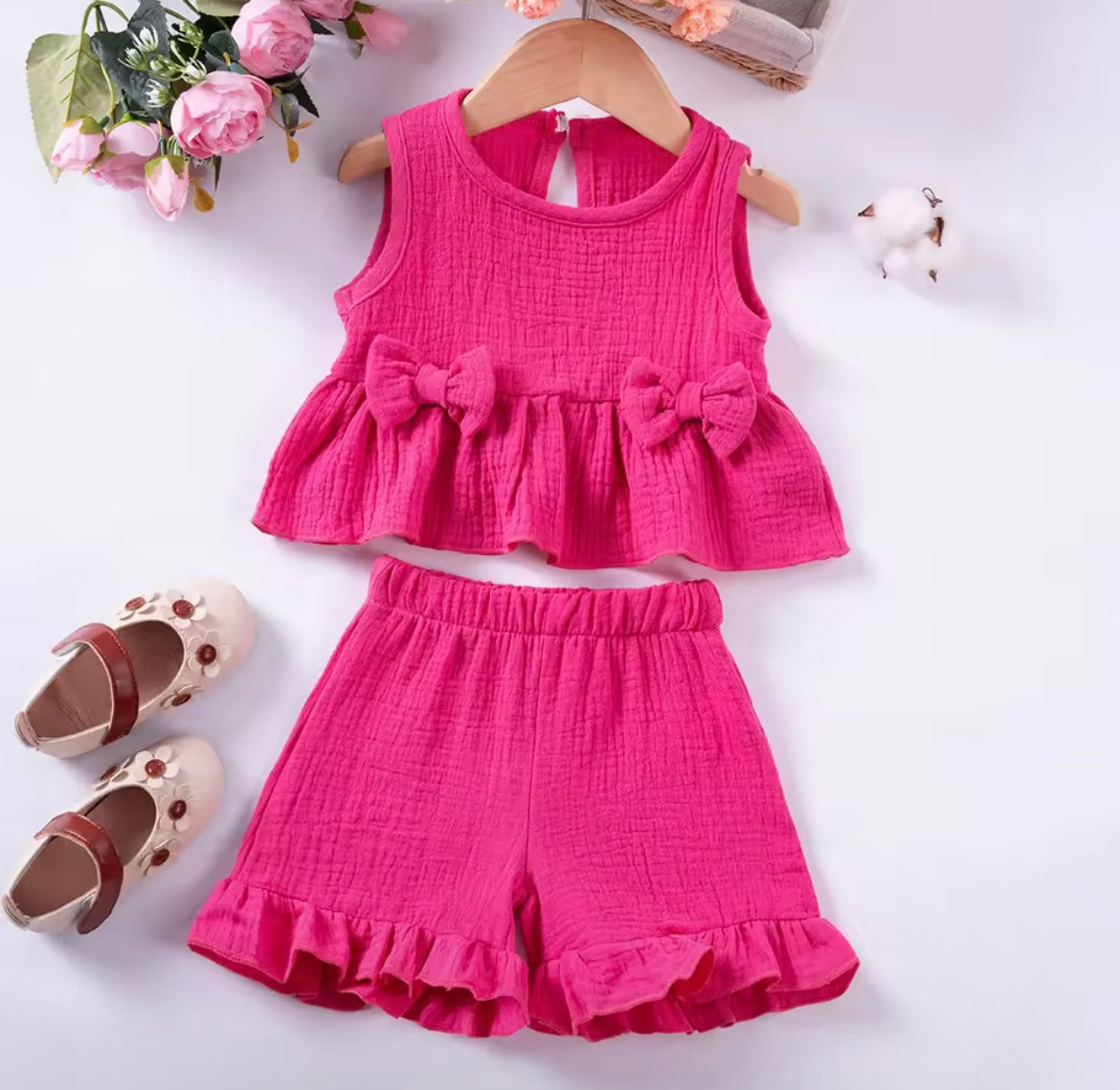 Girl Hot Pink Sleeveless Ruffle Gauze Short Set