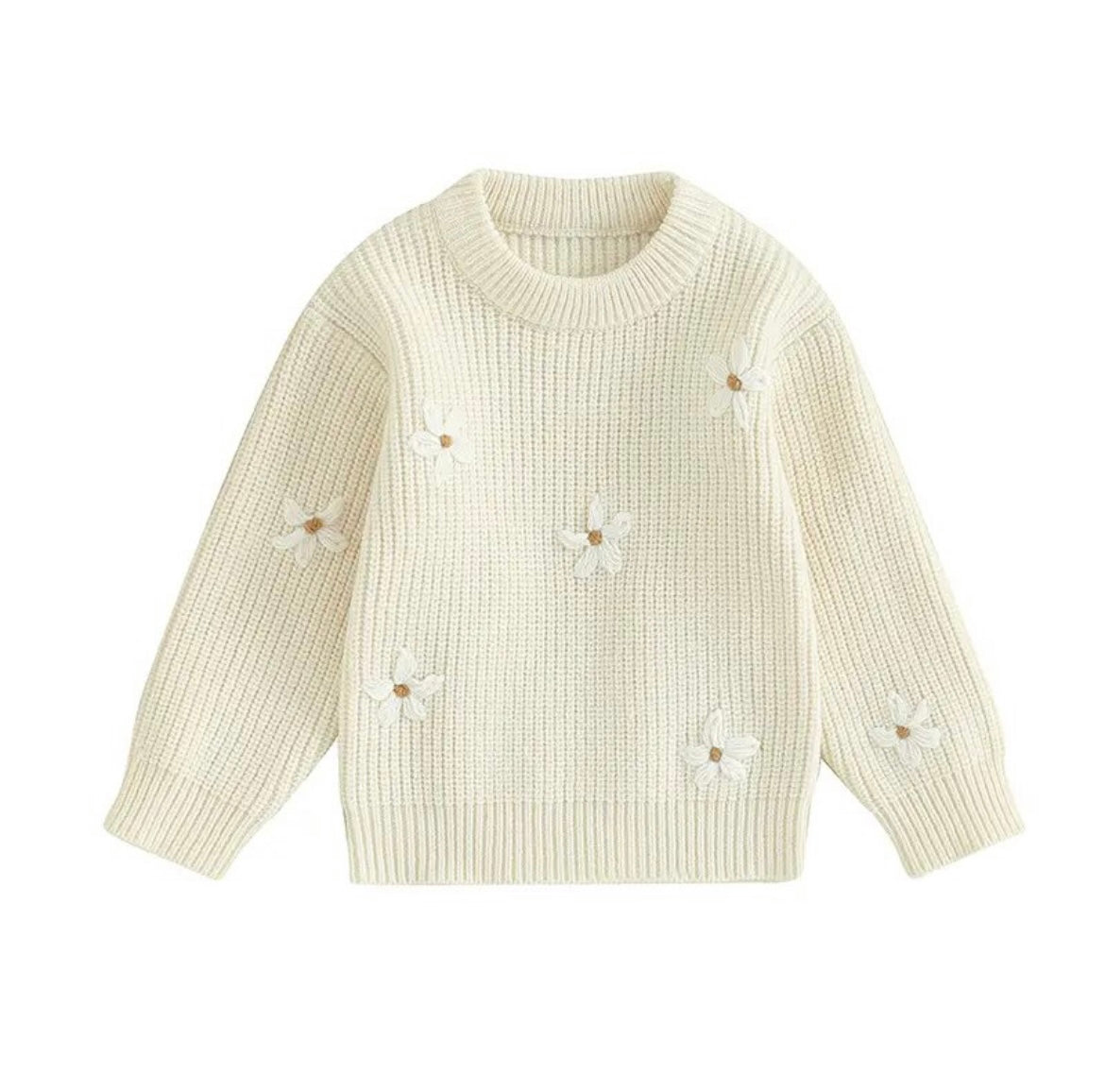 Girl Flower Cream Chunky Sweater