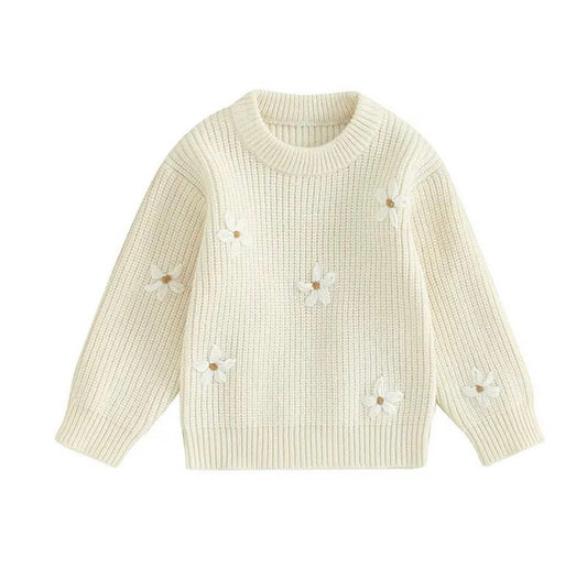 Girl Flower Cream Chunky Sweater