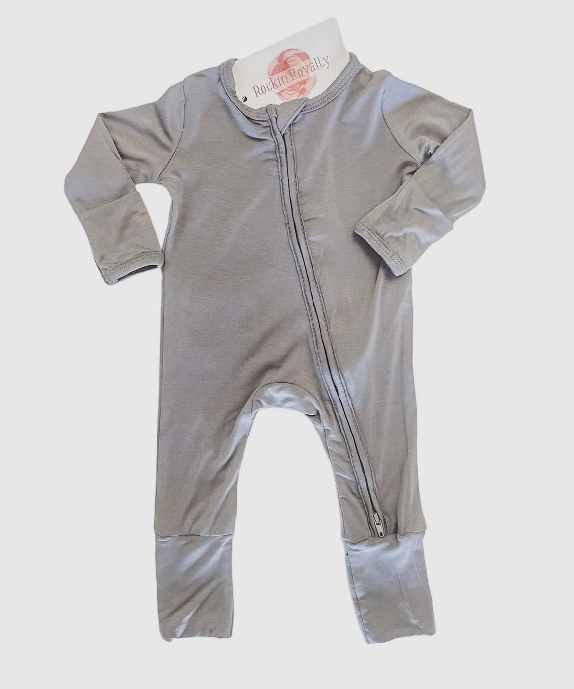 Baby Boy Bamboo Stone Grey 2 Way Zip Footie with Fold Over Hands and Feet