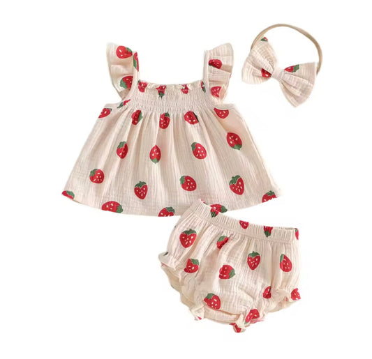 Baby Girl Strawberry 2 Piece Summer Set with Matching Bow