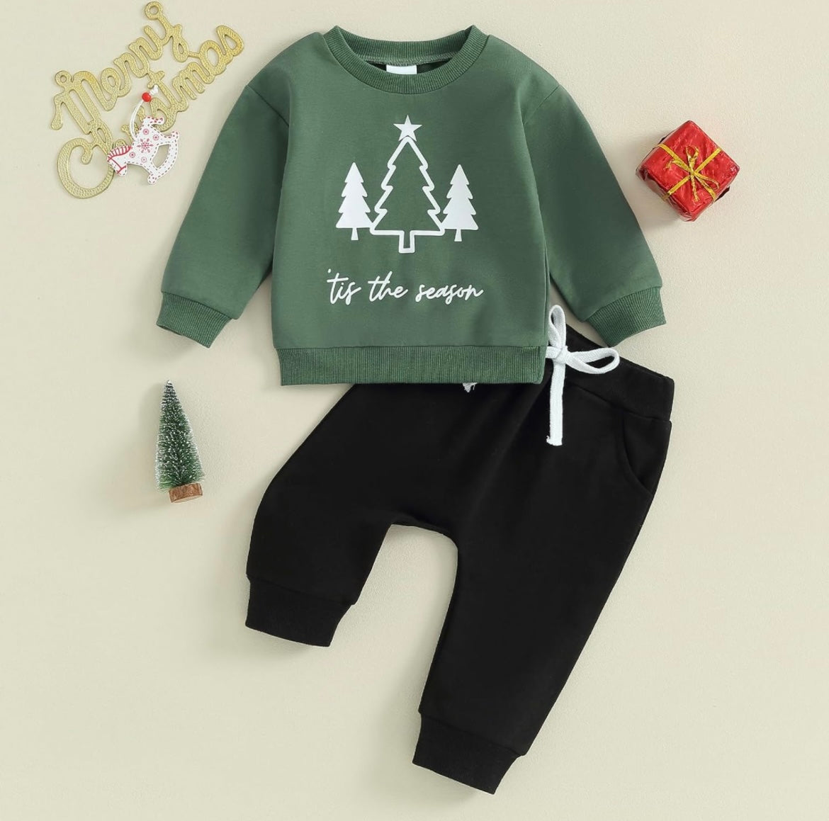 Christmas Trees Green Sweatshirt and Black Pants Set