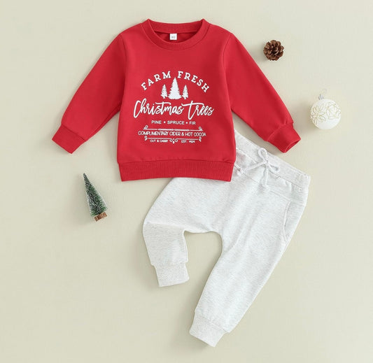 Christmas Trees Red Sweatshirt and Grey Pants Set