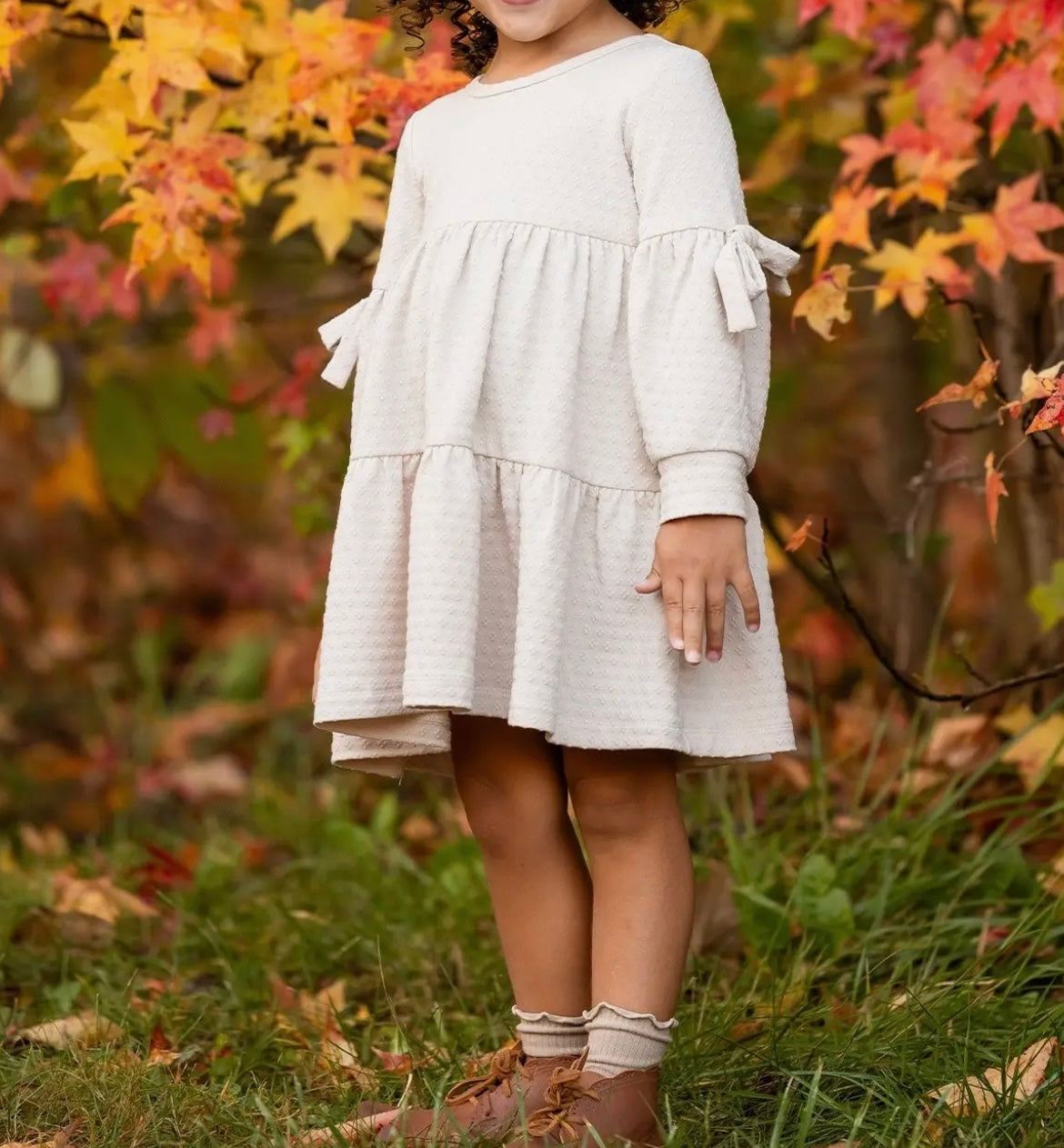 Girl Beige Tiered Long Sleeve Dress