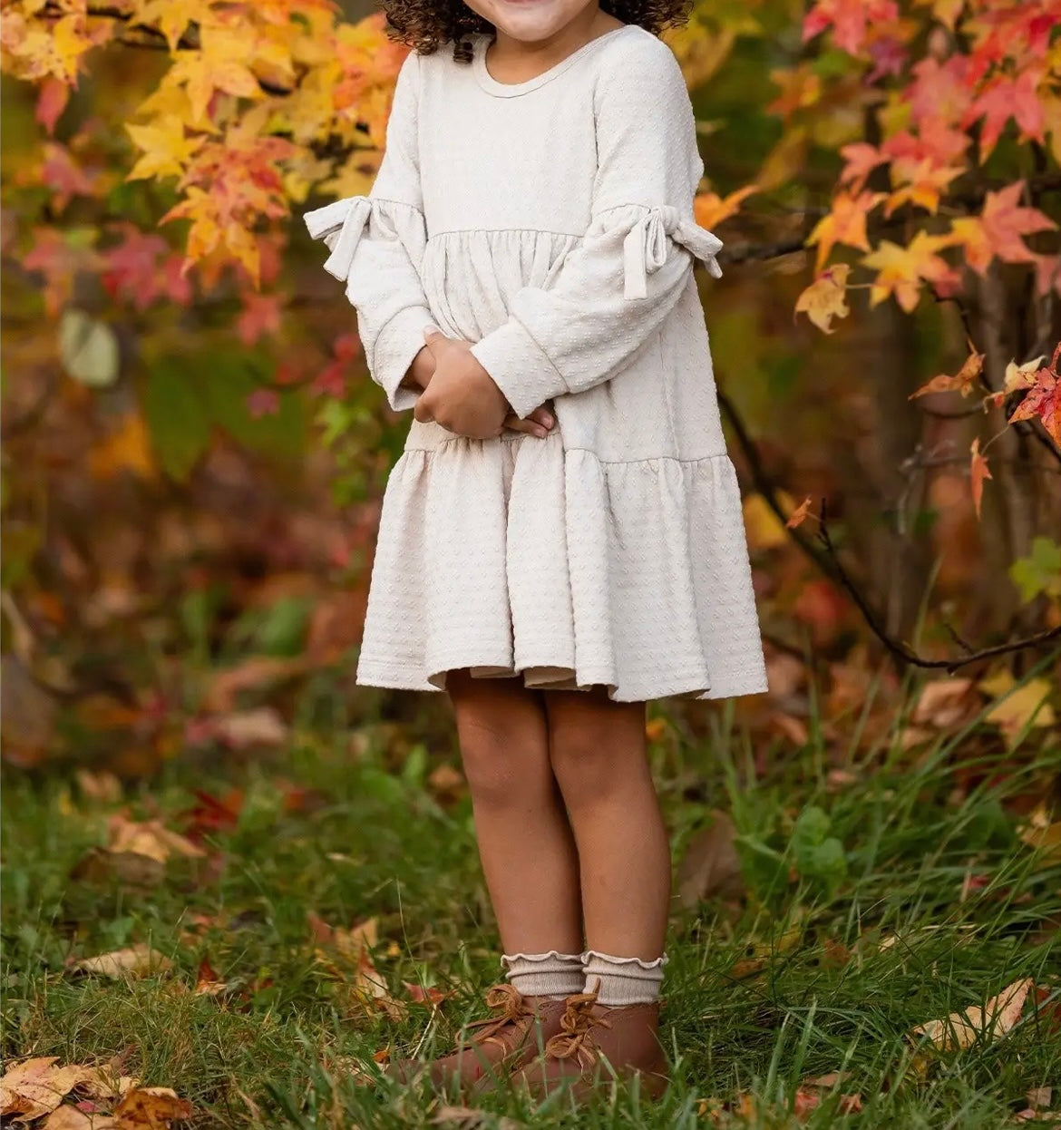 Girl Beige Tiered Long Sleeve Dress