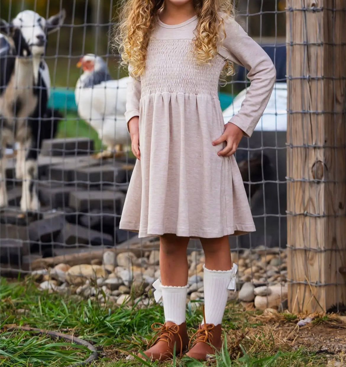 Girl Natural Waist Beige Dress