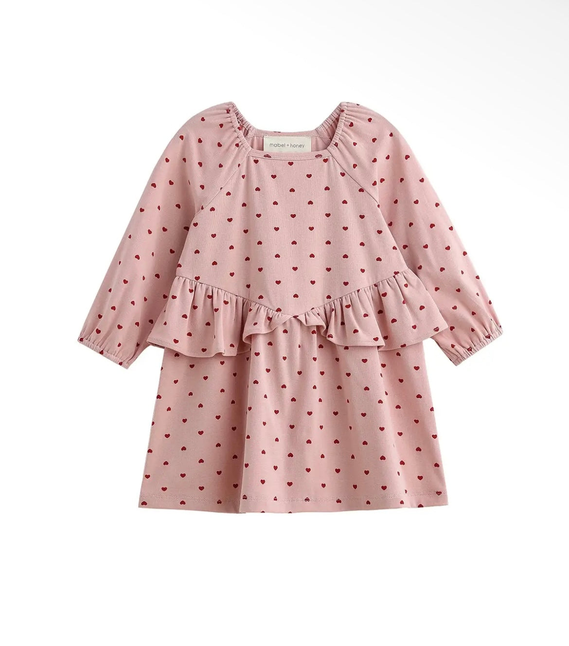 Girl Love Me Long Sleeve Heart Print Ruffle Waist Dress