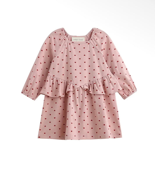Girl Love Me Long Sleeve Heart Print Ruffle Waist Dress