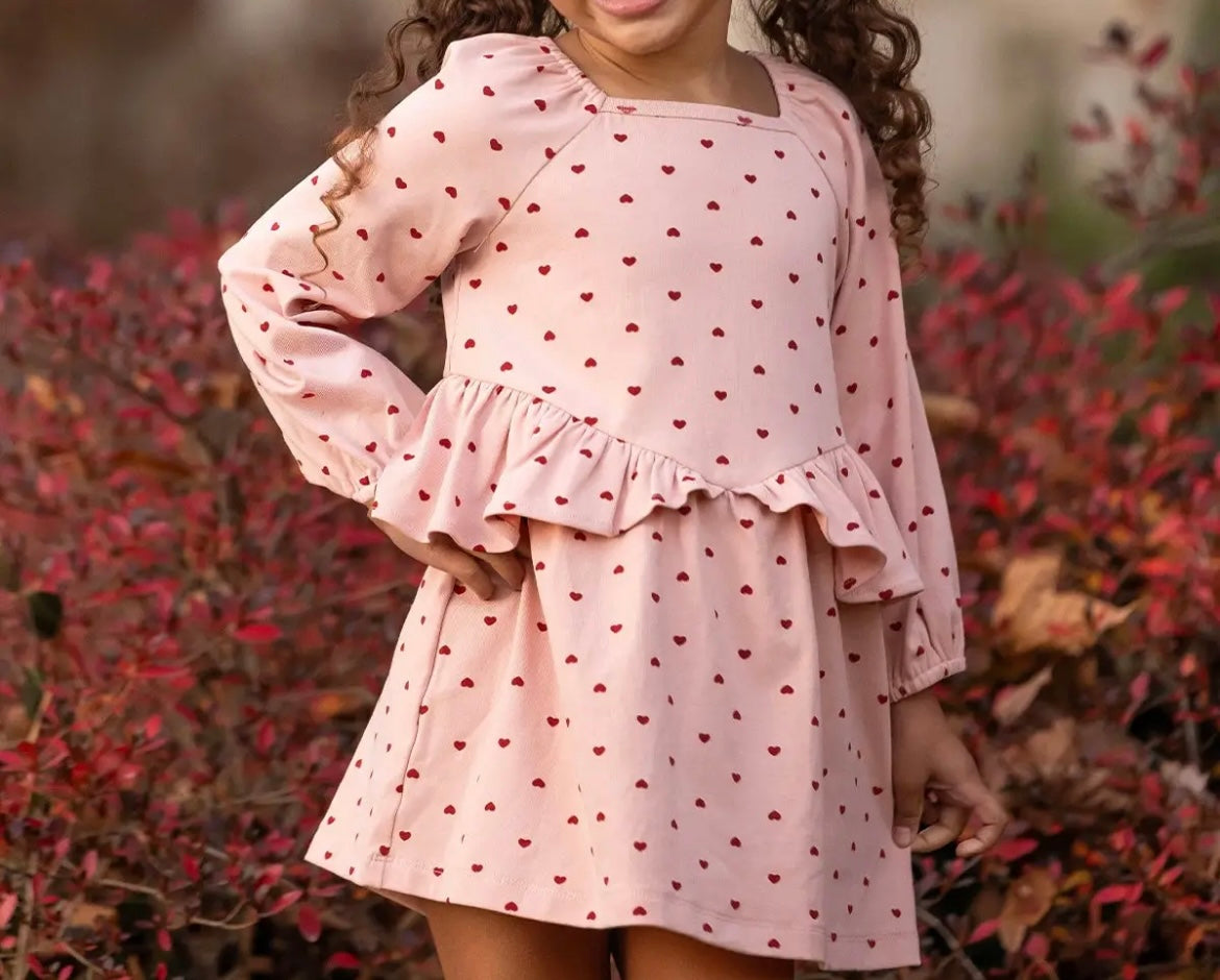 Girl Love Me Long Sleeve Heart Print Ruffle Waist Dress