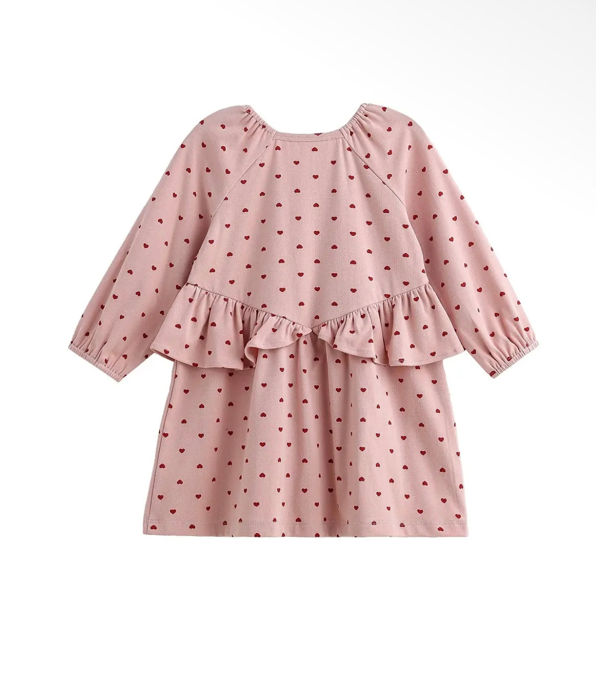 Girl Love Me Long Sleeve Heart Print Ruffle Waist Dress