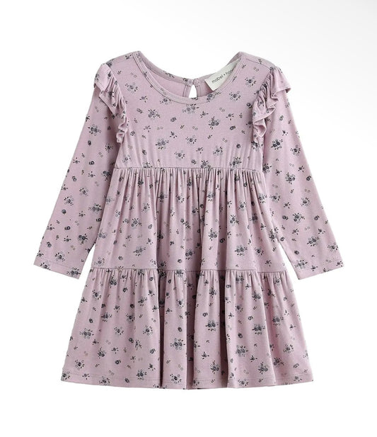 Girl Long Sleeve Purple Floral Ruffle Shoulder Tiered Dress