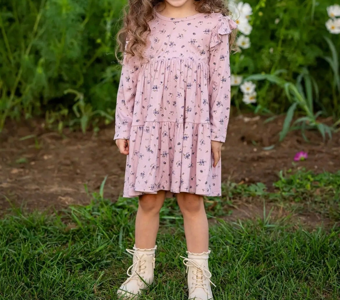 Girl Long Sleeve Purple Floral Ruffle Shoulder Tiered Dress