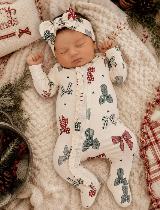 Baby Girl Christmas Bows 2-Way Zip Ruffle Footie