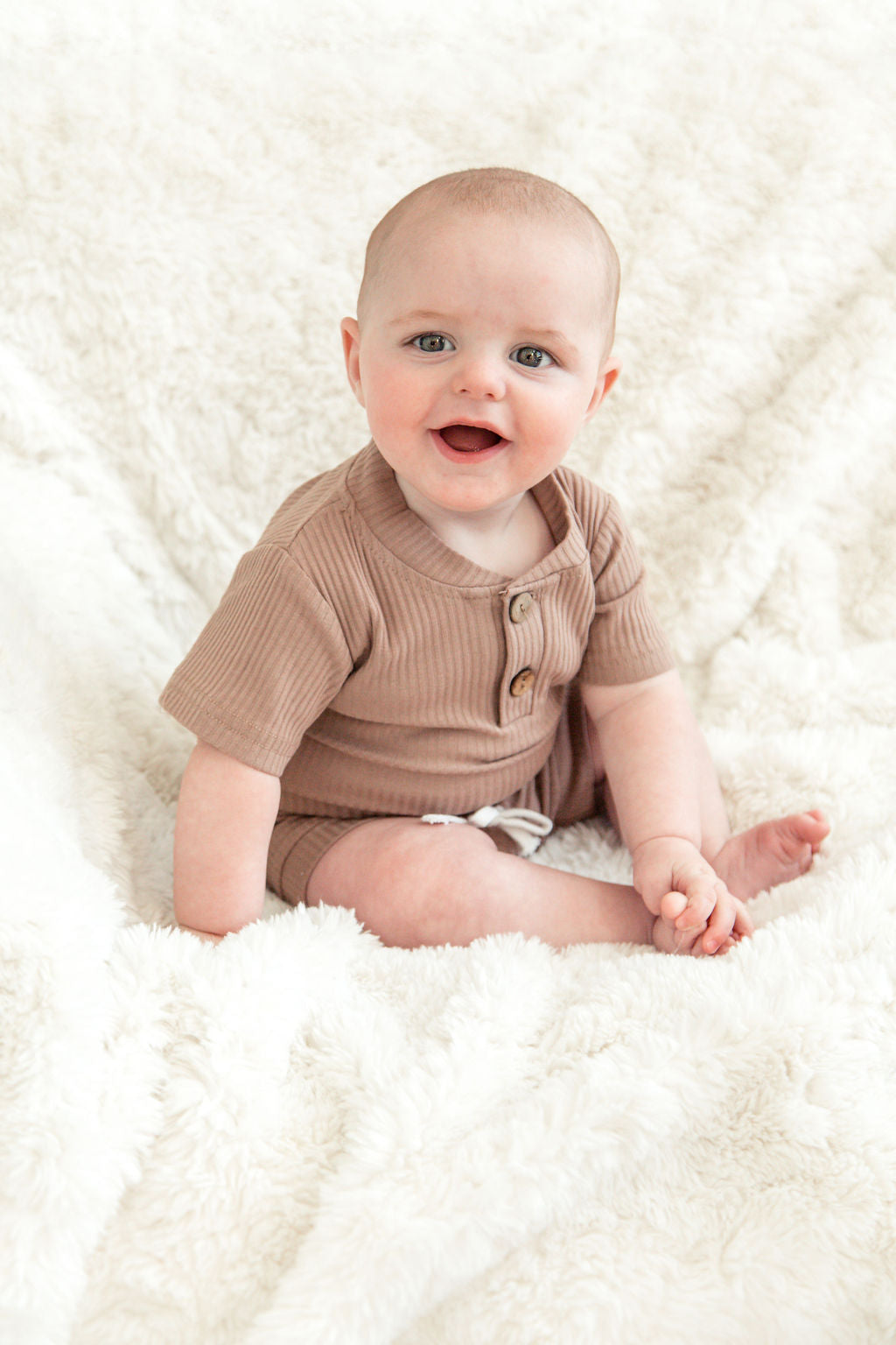 Tan 2-piece Ribbed Romper and Shorts Set on Baby Boy