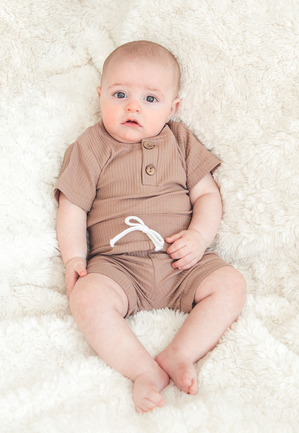 Tan 2-piece Ribbed Romper & Shorts Set on Baby 