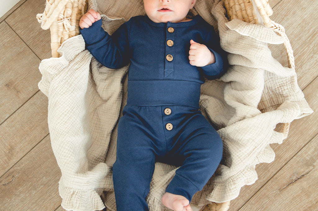 Baby Boy 2-piece Navy Long Sleeve Button Bodysuit with Matching Bottoms