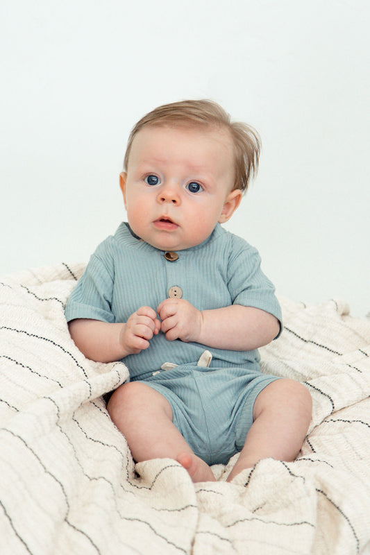 Baby Blue Ribbed Bodysuit & Short Set