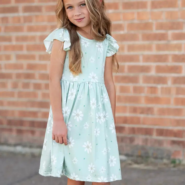 Girl Sage Daisy Spring Flutter Sleeve Dress