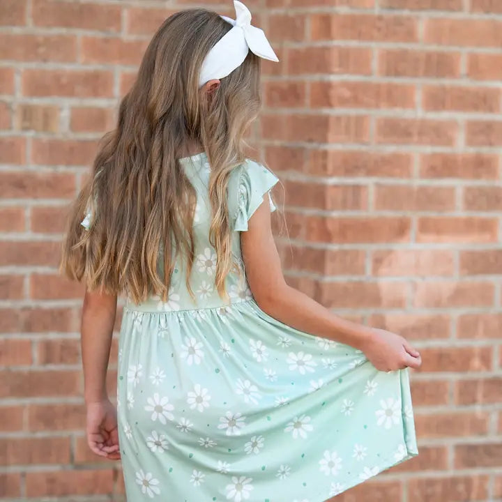 Girl Sage Daisy Spring Flutter Sleeve Dress